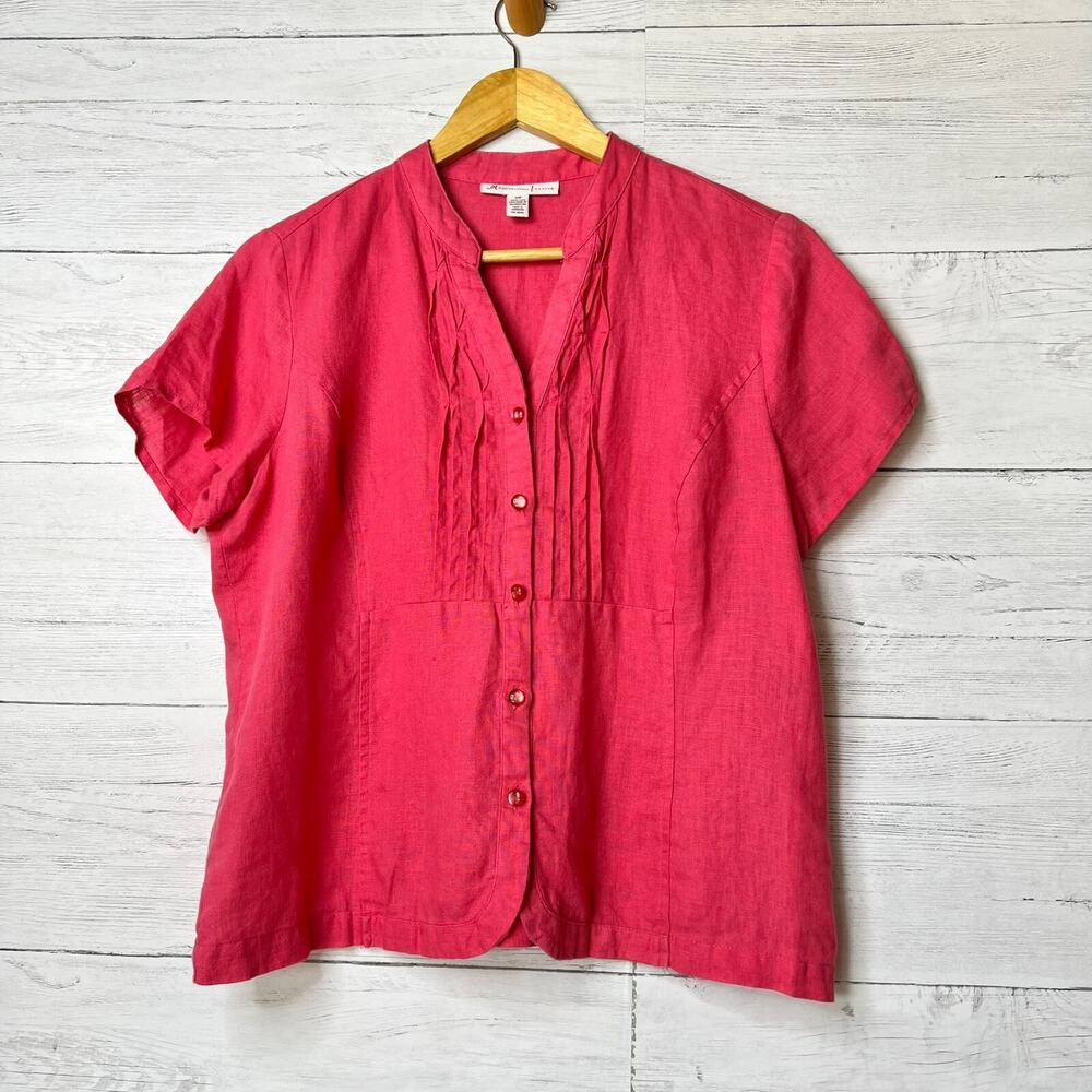 JM Collection Blouse Womens Size 12P Coral V Neck Button Down 100% Linen Spring